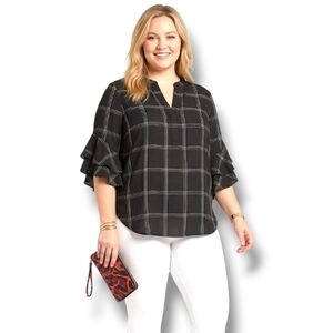 Vince Camuto Elegant Black Checkered Ruffle Sleeve Blouse Sz 3X